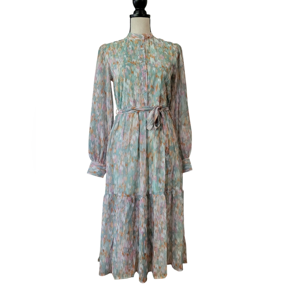 💕Spring & Mercer Watercolor Chiffon Prarie Dress Size Xs New‎